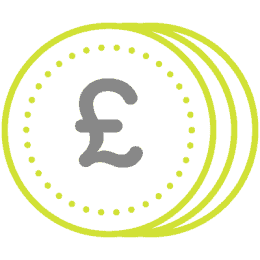 Yellow outline of three overlapping coins featuring a pound sterling (£) symbol and dotted edges, set against a gray background.