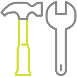 A simple line drawing of a hammer in yellow next to a grey outline of a wrench on a grey background.