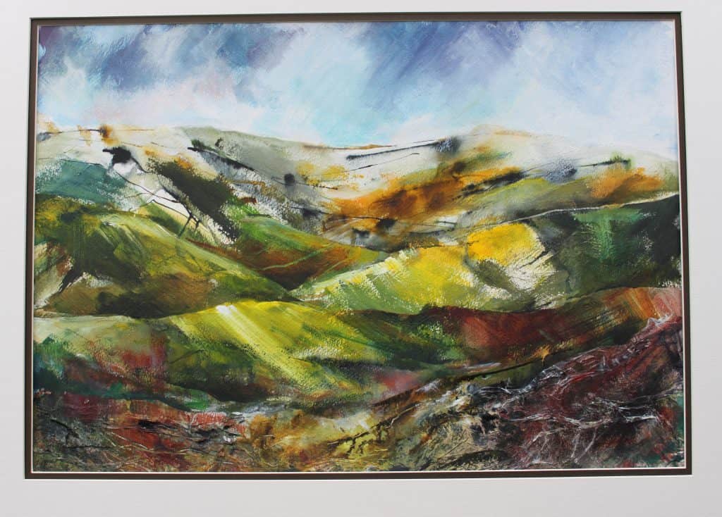 Abstract painting of rolling hills in vibrant greens, yellows, and browns beneath a blue and white sky. Bold brushstrokes evoke textured details, while hints of glass roofing add a modern touch to this expressive landscape scene.