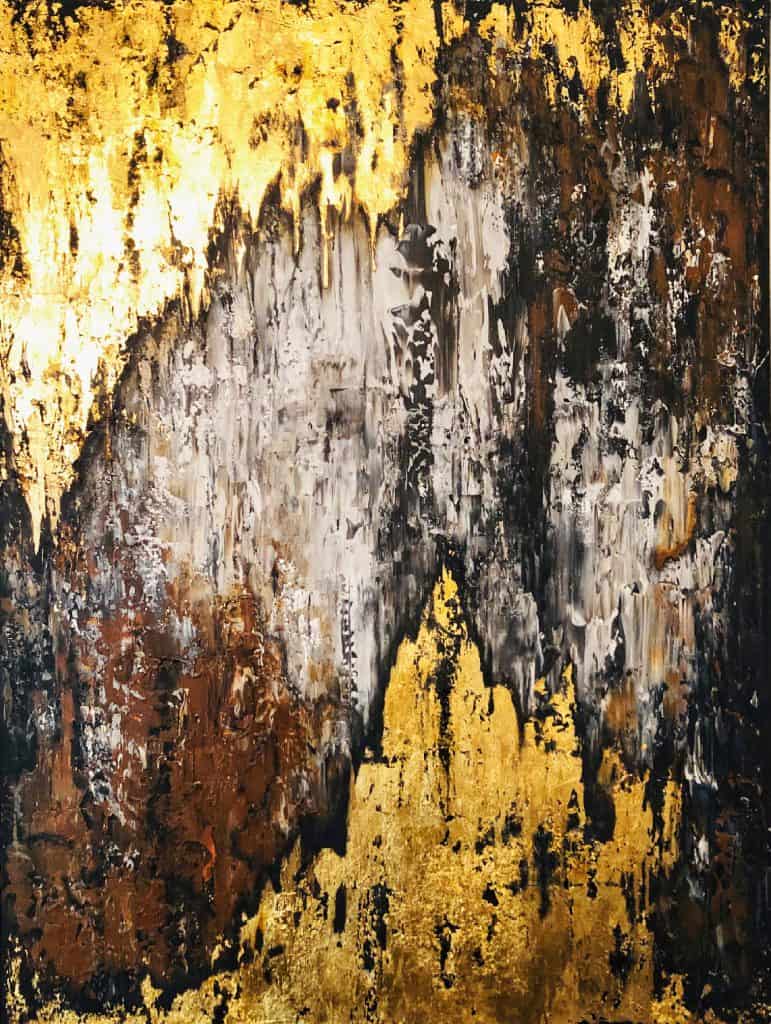 Abstract painting featuring textured gold leaf, black, white, and brown tones blending together—much like bespoke glass solutions merging materials. Gold areas drip into darker shades, creating a dynamic, radiant, and dramatic visual effect.