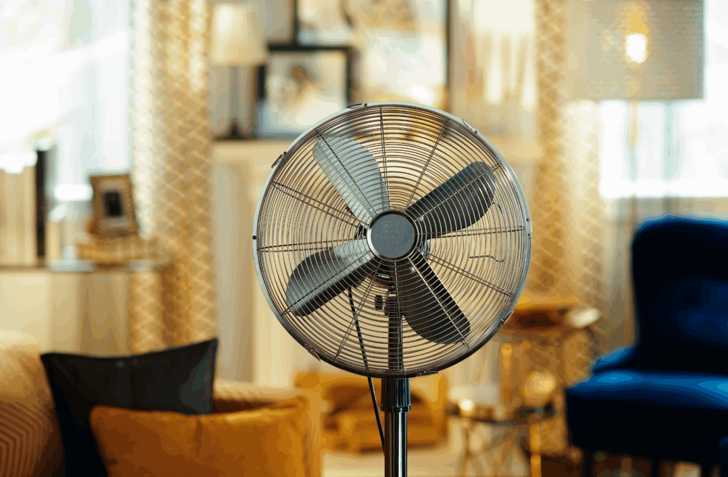 Electric fan for home cooling and air circulation in a modern living space.