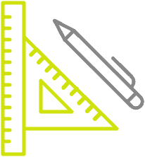 Illustration of a ruler, a triangle ruler, and a pen on a light green background, representing drawing or measuring tools.