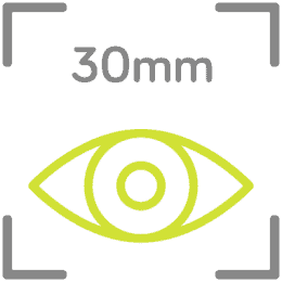 Gray text 30mm above a simple outlined eye and four corner brackets, all on a bright yellow background.