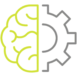 Neon yellow outline of a brain’s left half is shown on a gray background, while the right half is faded, pixelated, and dissolving into scattered dots, suggesting digitalization or dispersion.