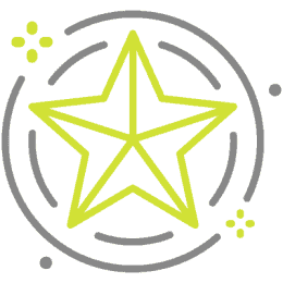 A bright yellow, geometric star with an outlined design sits on a gray background, surrounded by dotted circular patterns and three clusters of small, yellow dots.