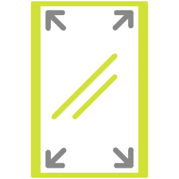 A yellow rectangle with two diagonal yellow lines inside, representing a mirror. Four gray arrows point outward from each corner, indicating the concept of expanding or maximizing the mirror.
