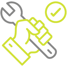 A yellow outline of a hand gripping a wrench, with a check mark inside a circle above it, symbolizing repair, maintenance, or completed work.