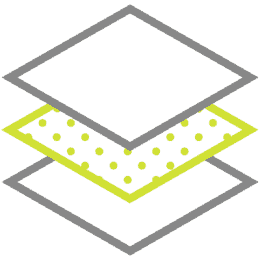 A yellow outline of two overlapping translucent squares, with the lower square featuring yellow dots on its surface. The background is gray.
