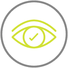 A yellow outline of an eye with a checkmark inside the iris is centered on a gray background, surrounded by several faint, concentric circles.
