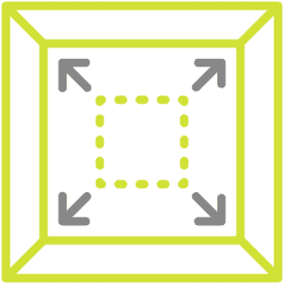 A yellow square frame with a dashed square in the center and four gray arrows pointing outward from the center, suggesting expansion.