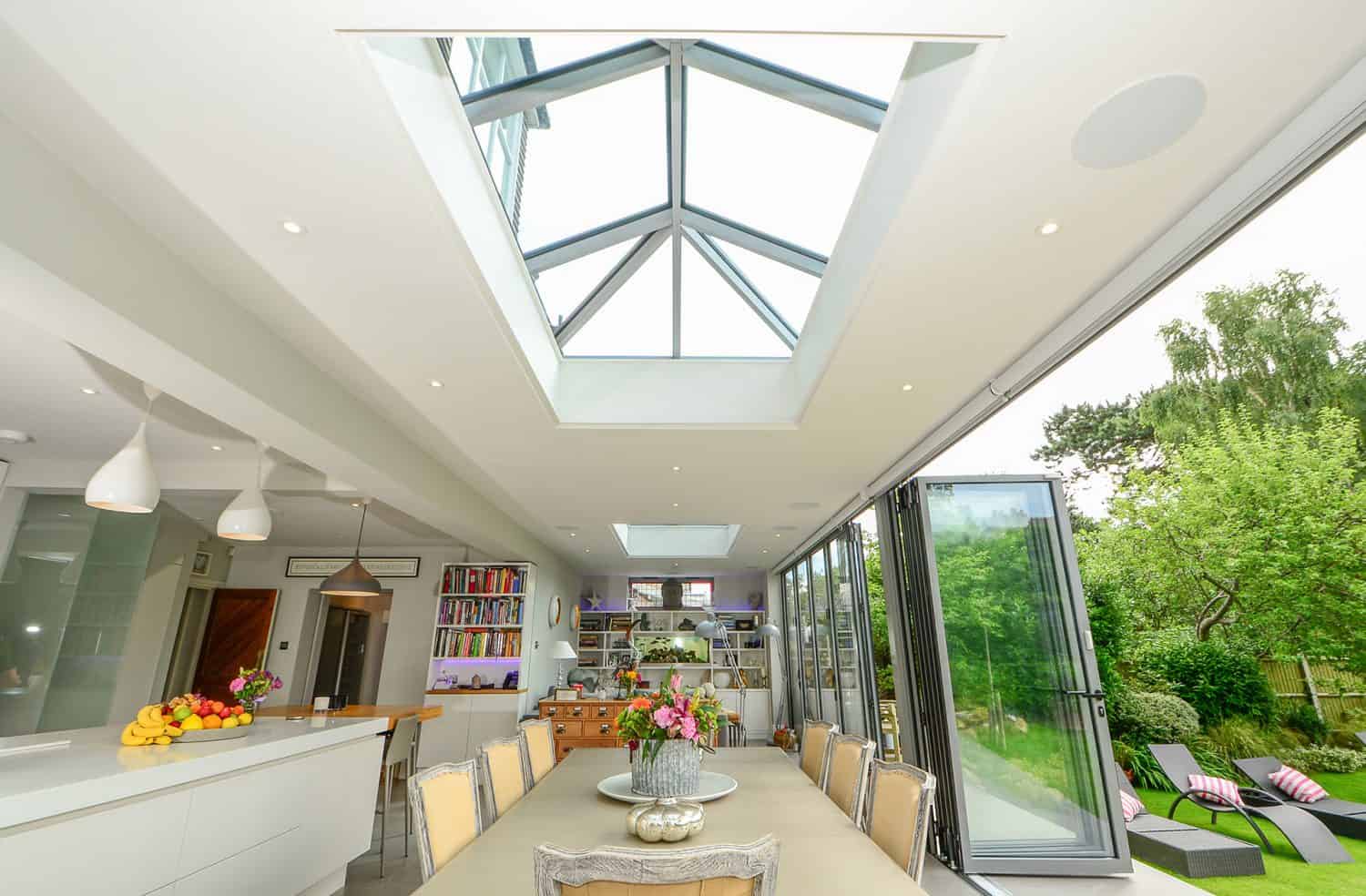 skylight above open plan dining area