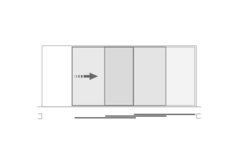 Diagram of sliding glass doors, with one panel shaded and an arrow pointing right, indicating the direction in which the door should slide open.