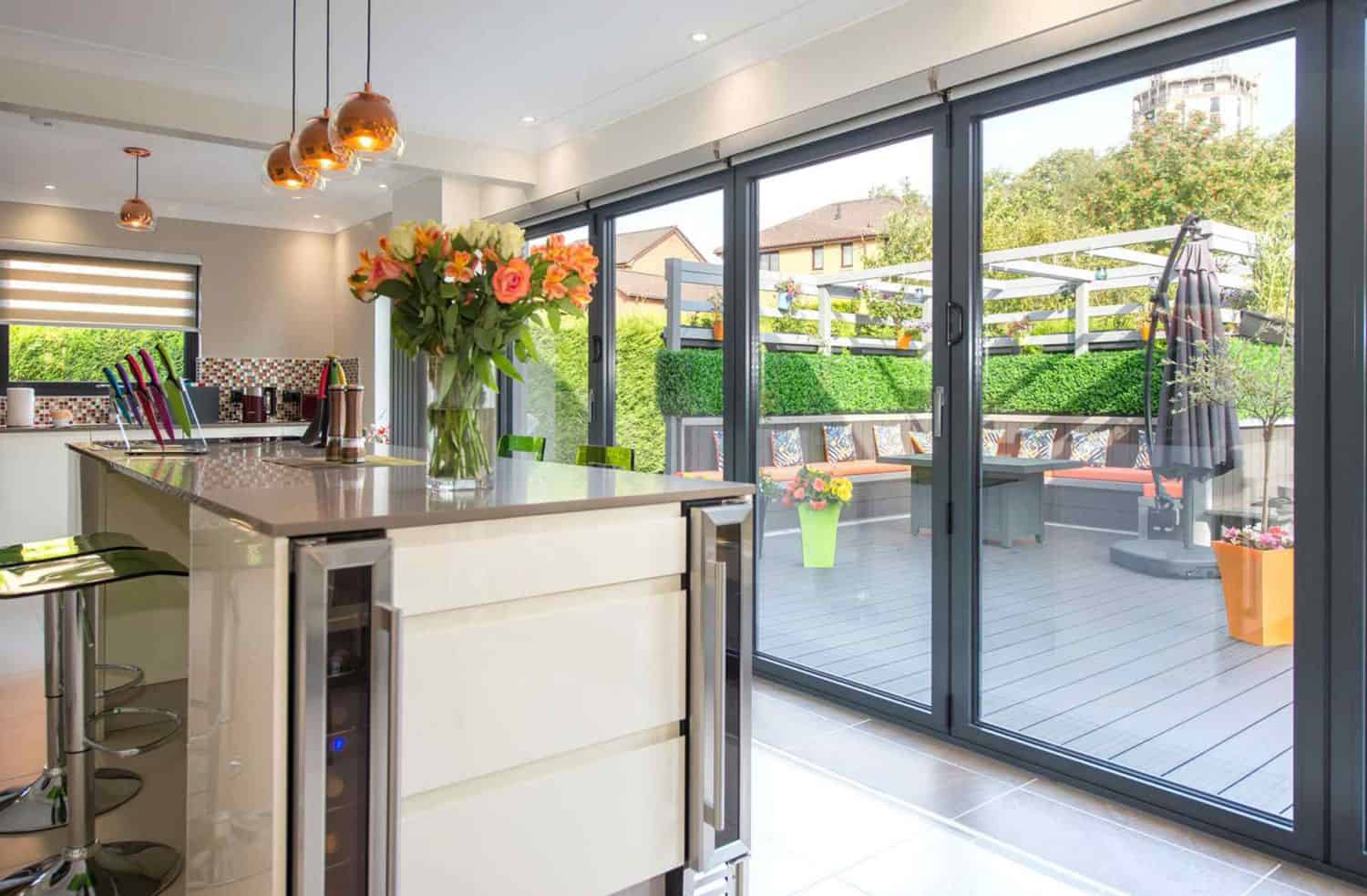 Bi-folding doors in a kitchen.