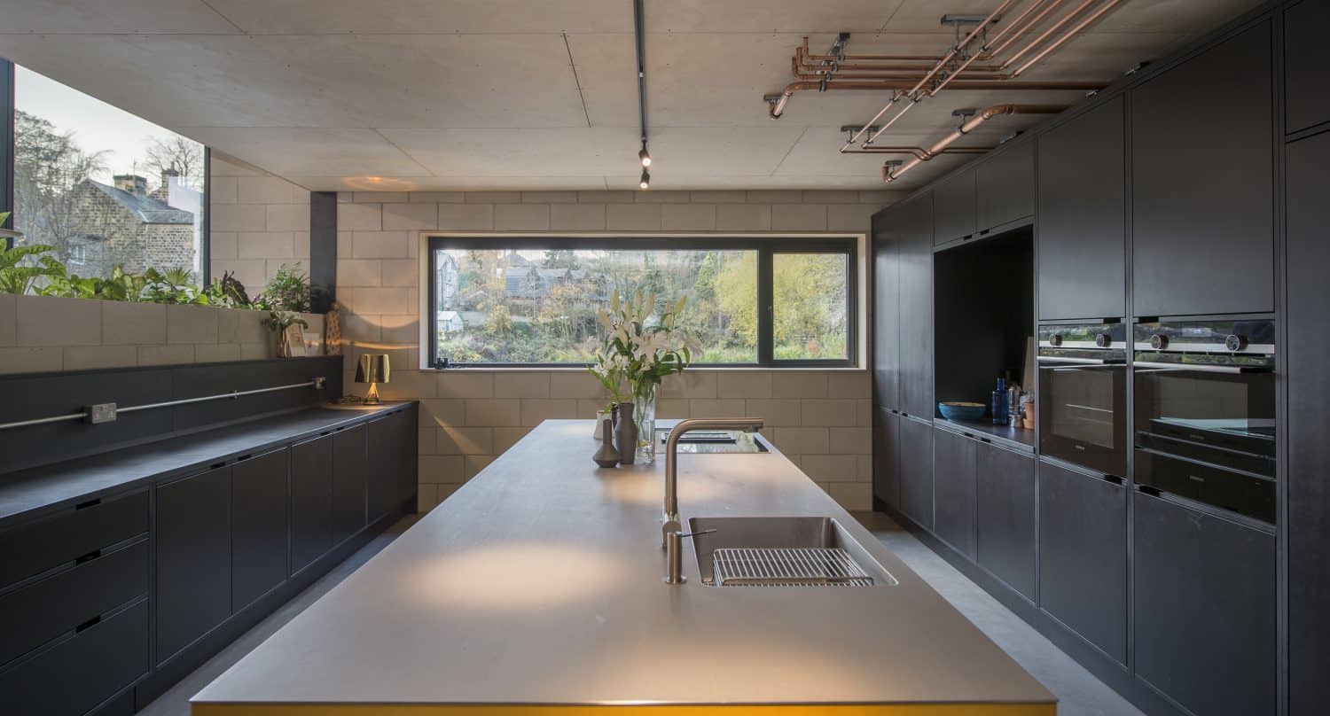 Modern kitchen with a large central island, sleek black cabinets, built-in ovens, large window with a view, exposed ceiling pipes, indoor plants on the left countertop, and bespoke glass solutions for enhanced natural light.