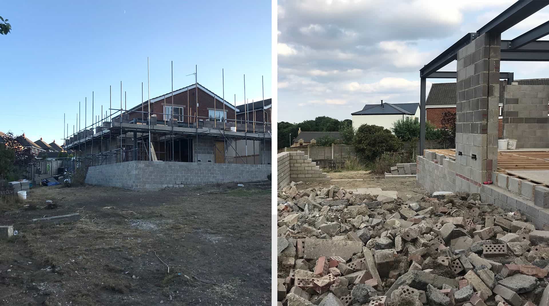 Two photos show houses under construction; the left side has scaffolding around a brick house where front doors will be installed, while the right side displays rubble and partially built concrete walls.