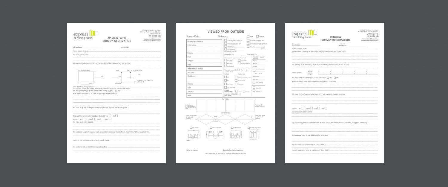 Three survey forms with the Express Biology Solutions logo, featuring sections for diagrams, measurements, labeled fields, and handwritten notes—ideal for projects like bespoke glass solutions or bifold doors—displayed side by side on a gray background.