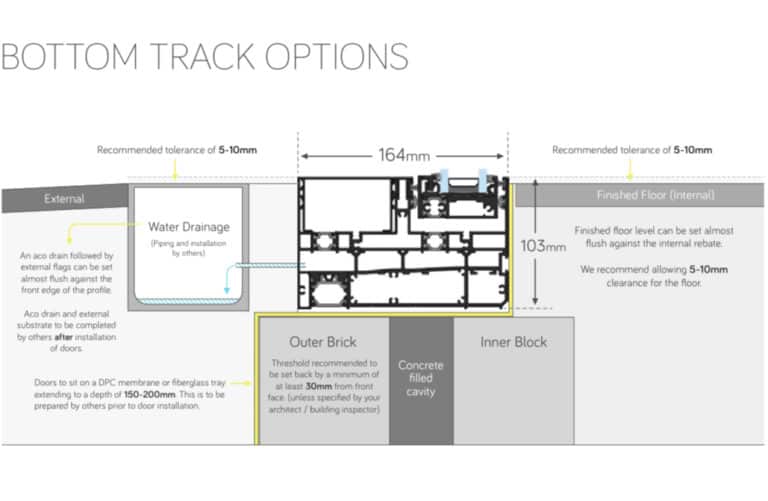 Diagram showing bottom track options for sliding doors, detailing sections for external and internal floors, water drainage, outer brick, concrete, and inner block with measurements and installation notes. Ideal for bespoke glass solutions.
