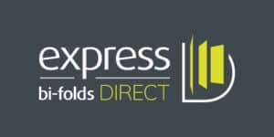Logo for express bi-folds DIRECT on a dark background. The white and yellow text is paired with three yellow bi-fold doors, partially open inside a white semicircle, reflecting bespoke glass solutions and sliding doors expertise.