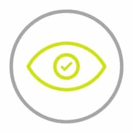 A simple line drawing of an eye with a check mark inside the pupil, enclosed within a grey circle. The eye and check mark are outlined in yellow-green, reflecting our focus on bespoke glass solutions for sliding doors.