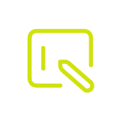 A lime green icon of a pencil drawing or editing inside a square, on a dark background. The design suggests writing, editing, or creating content—ideal for showcasing bespoke glass solutions.
