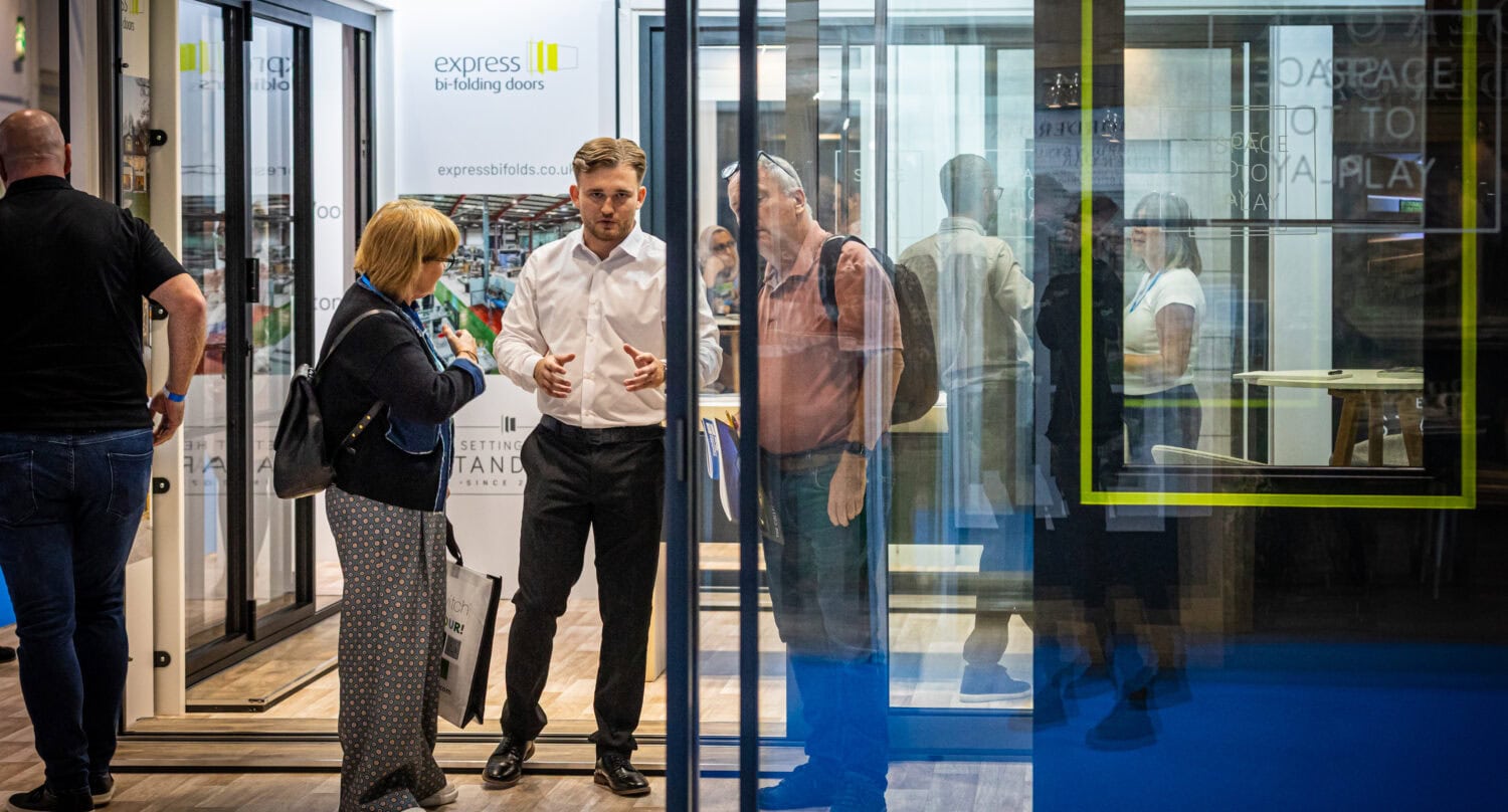 Showcasing sleek, high-quality bi-folding doors at the upcoming trade exhibition, highlighting their stylish design and functionality for modern homes and commercial spaces.