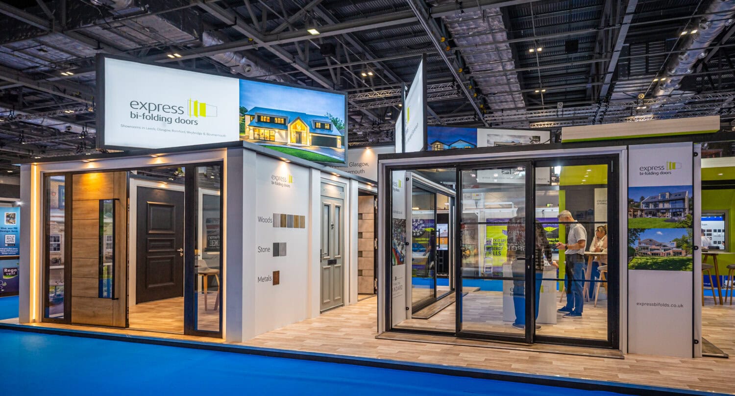 Exhibition display showcasing high-quality bi-folding doors by Express Bi-Folding Doors at the Upcoming Events & Exhibitions. Perfect for enhancing home and commercial spaces.