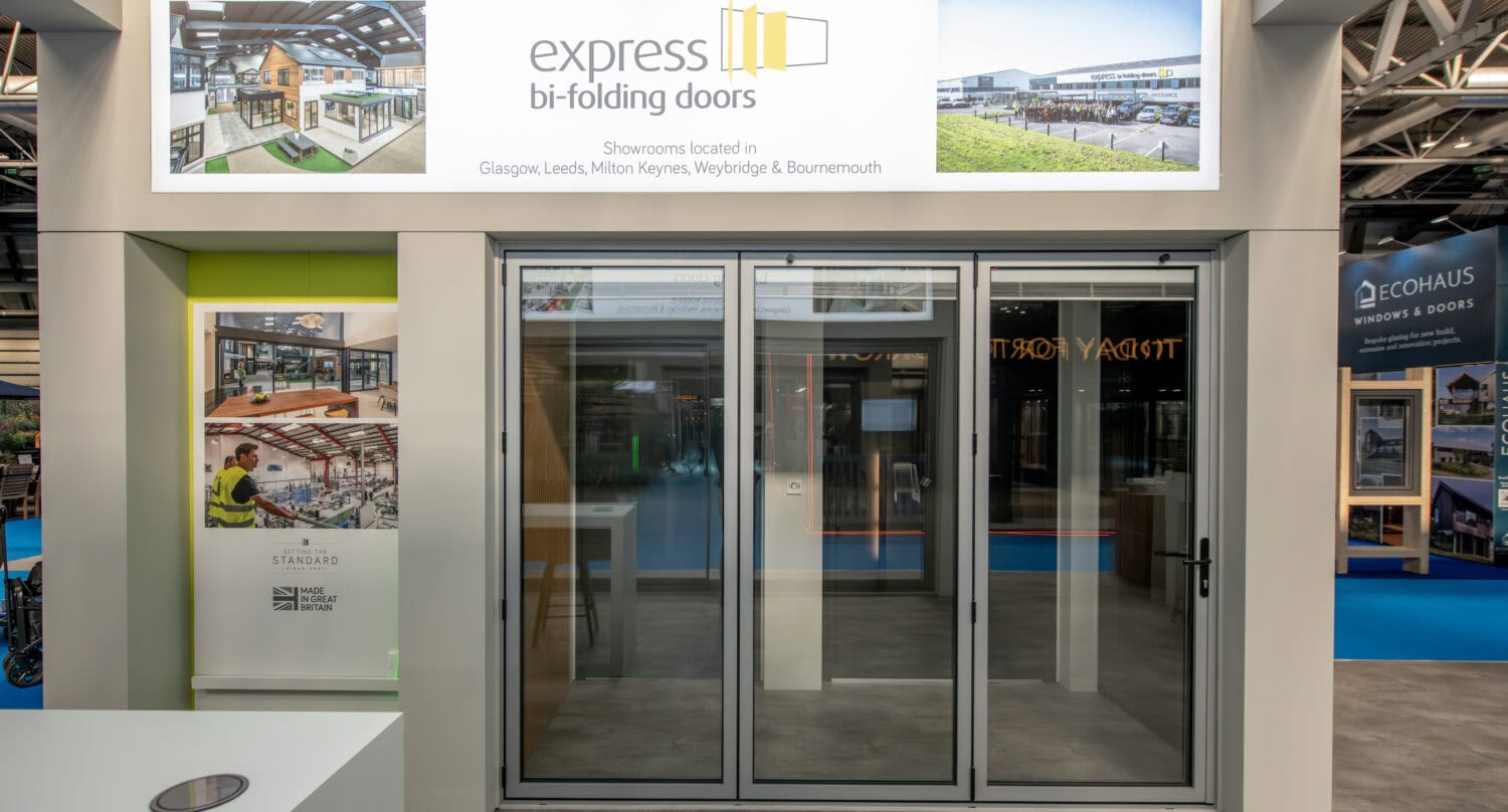High-quality express bi-folding doors showcased at an exhibition, highlighting their sleek design and functionality for contemporary residential and commercial spaces.