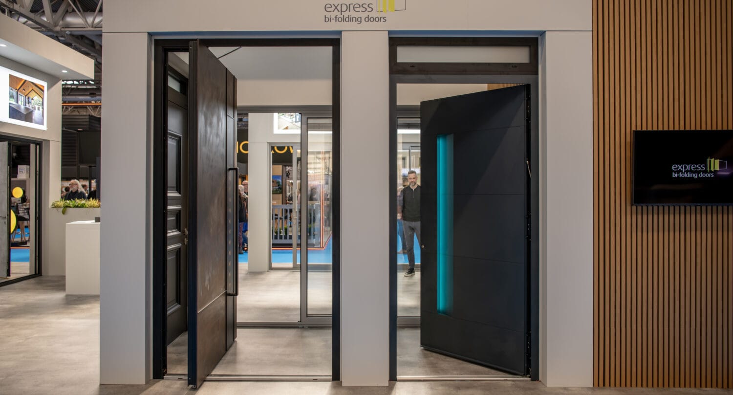 High-quality bi-folding doors showcased at the Express Bi-Folding Doors exhibition, highlighting their sleek design, durability, and space-saving features for modern living and business environments.