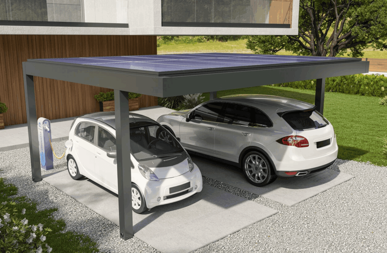 Modern eco-friendly carport with solar panels providing sustainable energy for electric vehicles and reducing carbon footprint.